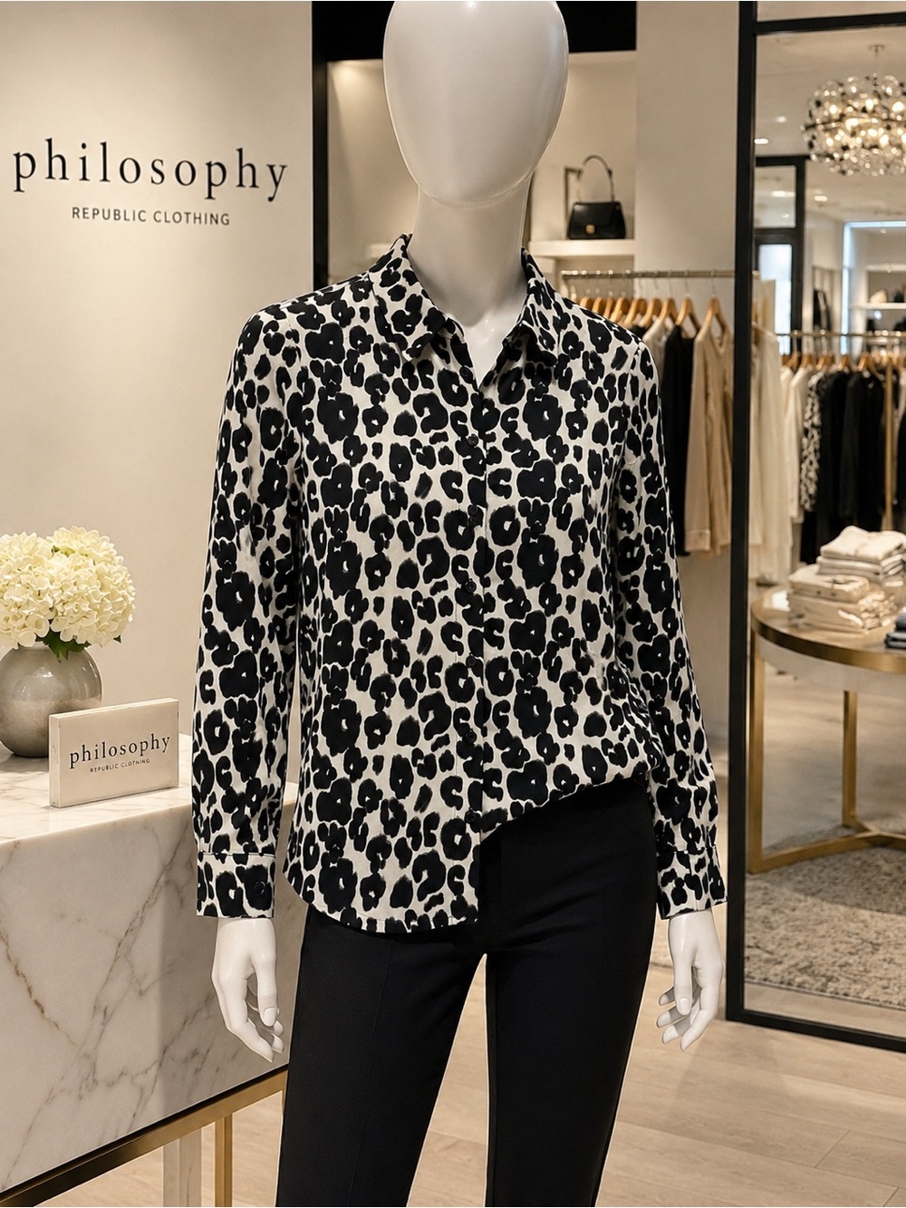 Philosophy Republic Clothing Black White Animal Print Button Down Blouse S